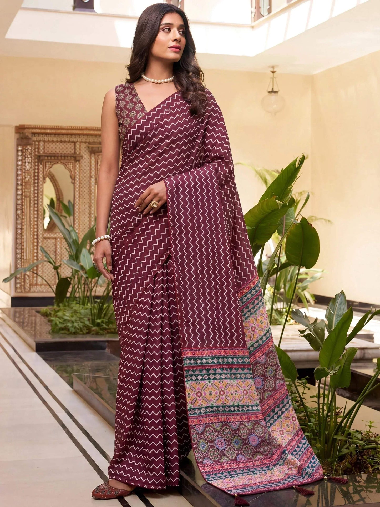 Tulsi Art Attractive Maroon Digital Printed Crepe Office Wear Saree With Blouse