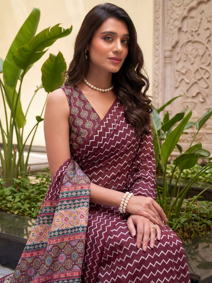 Tulsi Art Attractive Maroon Digital Printed Crepe Office Wear Saree With Blouse