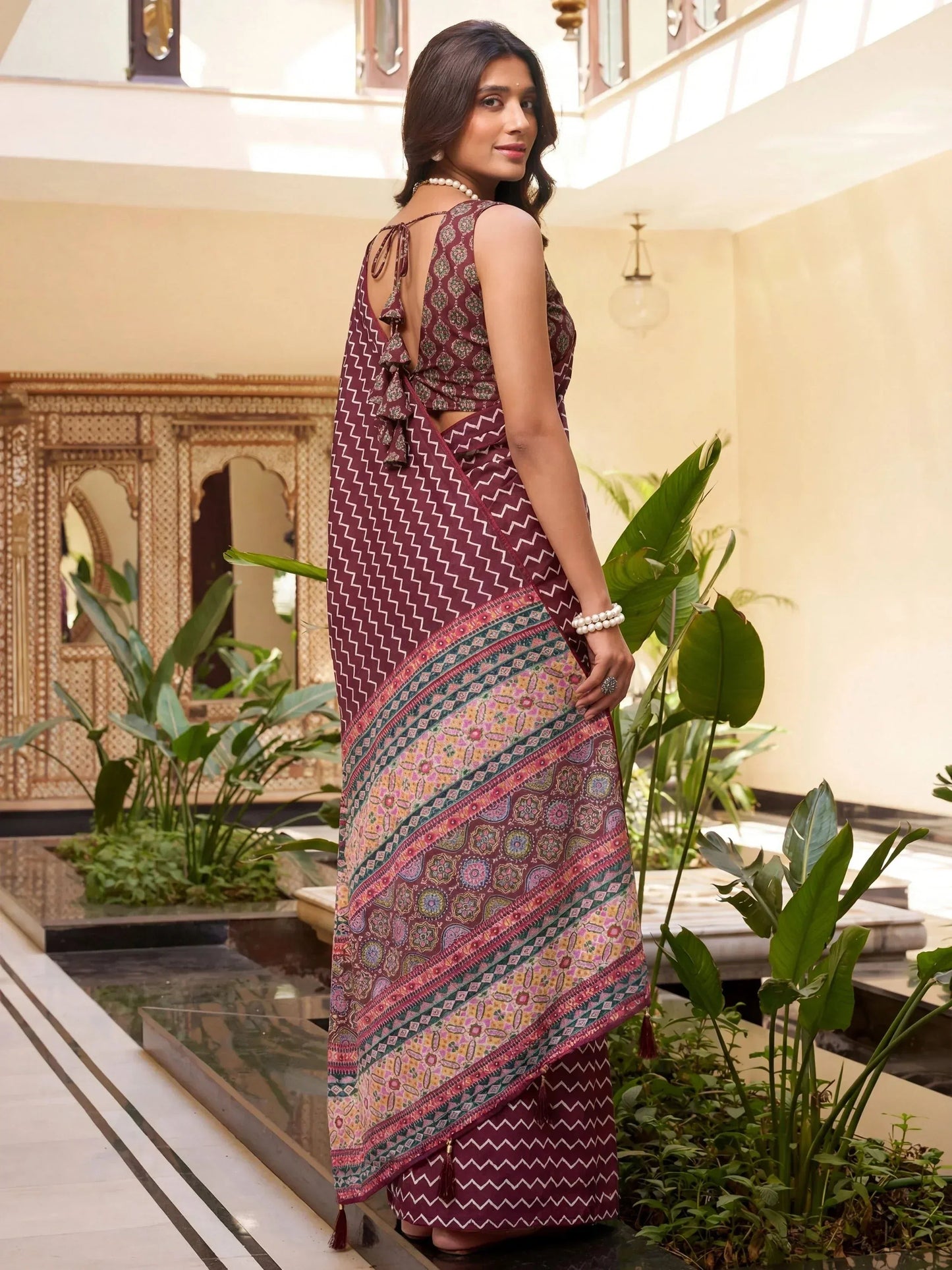 Tulsi Art Attractive Maroon Digital Printed Crepe Office Wear Saree With Blouse