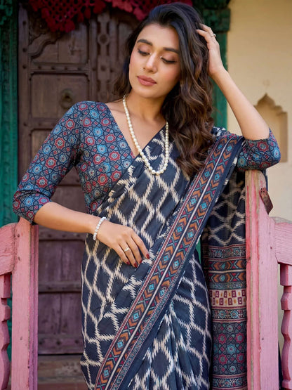 Tulsi Art Pretty Blue Digital Printed Crepe Casual Wear Saree With Blouse