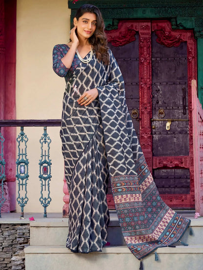 Tulsi Art Pretty Blue Digital Printed Crepe Casual Wear Saree With Blouse