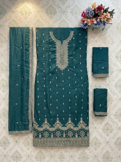 Anaita Teal Green Silk Suit With Embroidery & Sequence Work