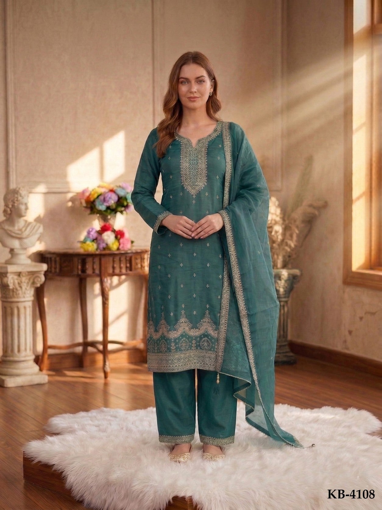 Anaita Teal Green Silk Suit With Embroidery & Sequence Work
