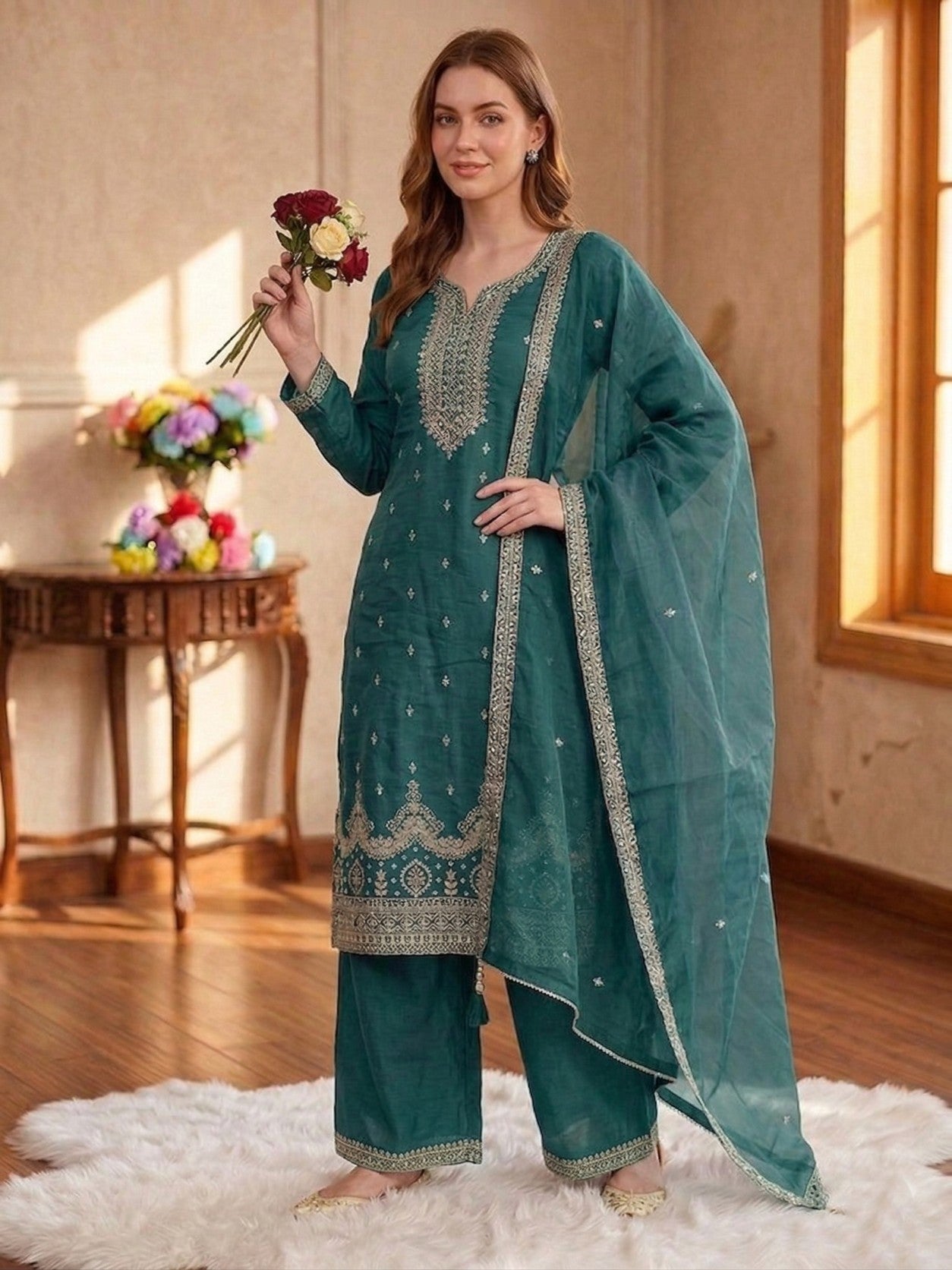 Anaita Teal Green Silk Suit With Embroidery & Sequence Work