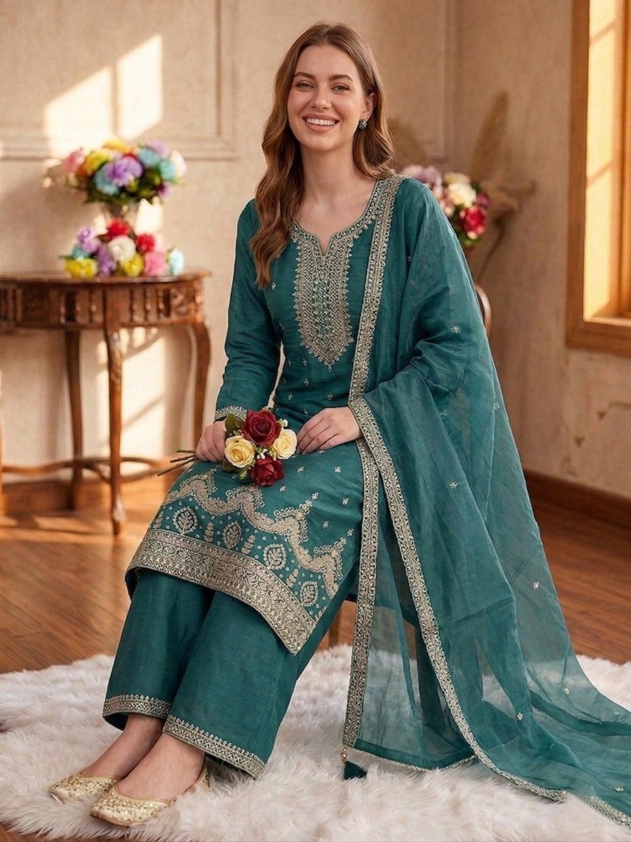 Anaita Teal Green Silk Suit With Embroidery & Sequence Work