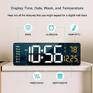 Digital Wall Clock with 16.2 Inch LED Display, Remote Control, Temperature Display, Black Plastic