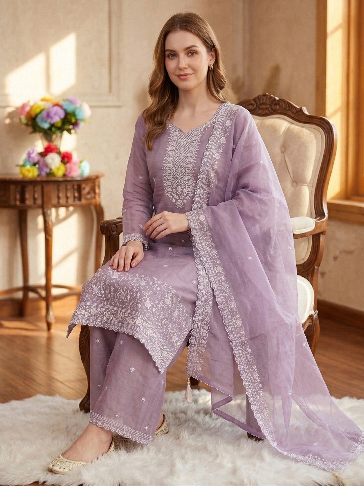 Anaita Lavender Silk Suit With Embroidery & Sequence Work