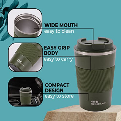 Insulated Coffee Mug with Lid - Double Wall Stainless Steel - Green - 380ml