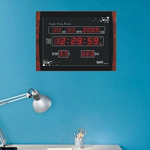 Digital Wall Clock with Red LED Display, 39.6 cm x 29.6 cm, Black Plastic