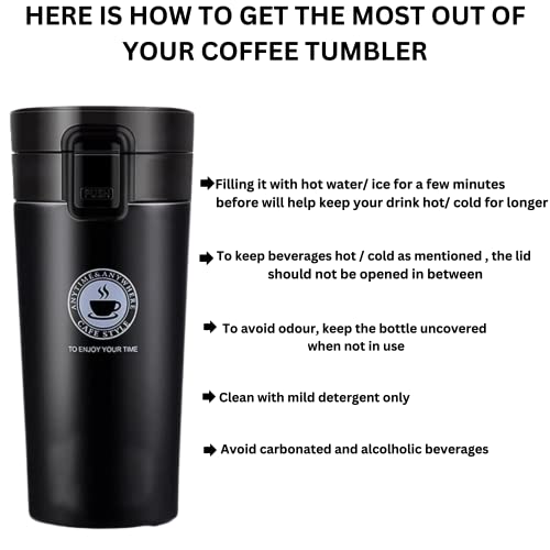 Vacuum Insulation Coffee Mug with Lid, Stainless Steel, Black, 360 ml