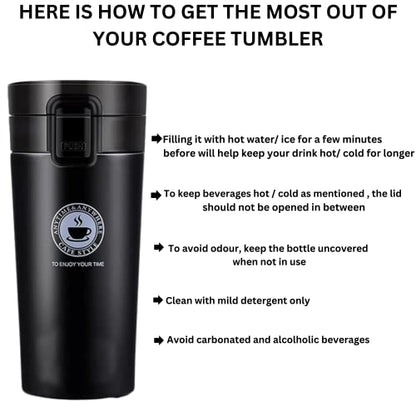 Vacuum Insulation Coffee Mug with Lid, Stainless Steel, Black, 360 ml