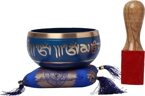 Singing Bowl Hand Painted Blue with Gold Trim 4 Inch Metal Tibetan Design