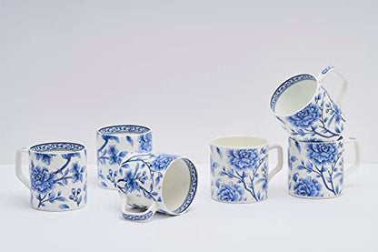 Coffee Mug Set of 6 - Ceramic Blue Floral Design - 220ml - Microwave Safe