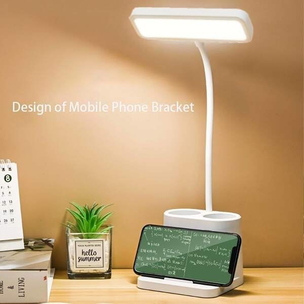 LED Desk Lamp with Touch Sensor & Pen Holder - Adjustable Neck, 3 Color Modes, USB Rechargeable