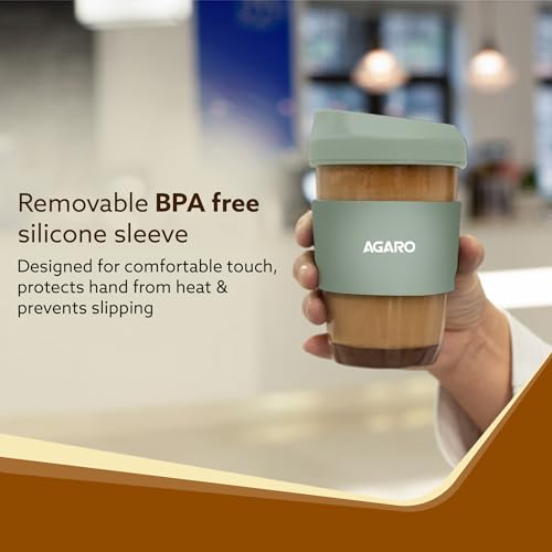 Coffee Mug with Locking Sipper Lid, Borosilicate Glass, 320ml, Green Silicone Sleeve