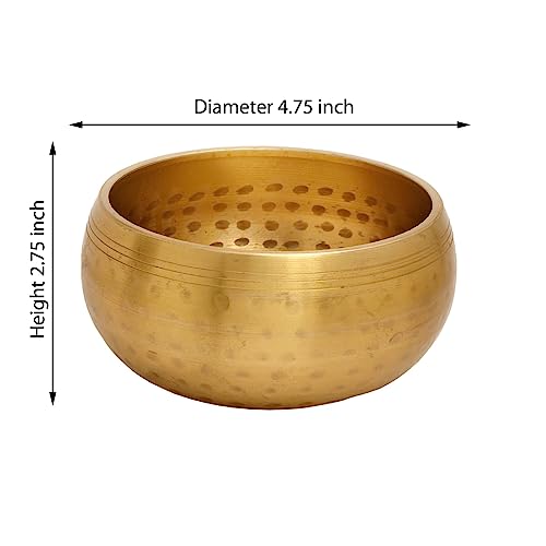 Singing Bowl with Cushion and Stick - Hammered Bell Metal - 4.75 Inch Diameter - Golden Finish