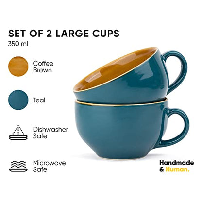 Large Coffee Cup Set of 2, Teal Green Glossy Finish, Stoneware, 350ml