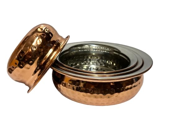 Dynore Stainless Steel Copper Plated Hammered Finish Handi Set with SS lid- Set of 4