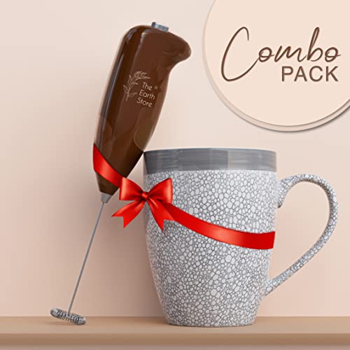 Ceramic Coffee Mug with Electric Handheld Milk Frother - Grey - 1 Cup