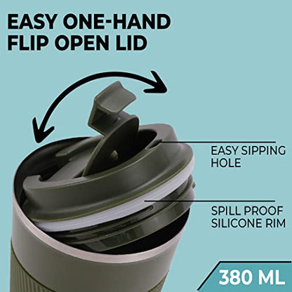 Insulated Coffee Mug with Lid - Double Wall Stainless Steel - Green - 380ml