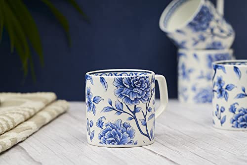 Coffee Mug Set of 6 - Ceramic Blue Floral Design - 220ml - Microwave Safe