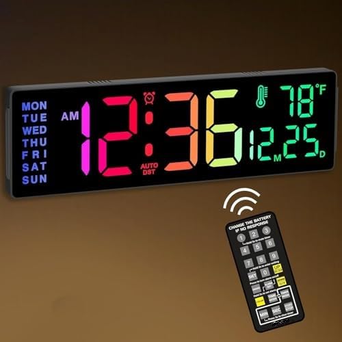 Digital Wall Clock with Remote Control, 15-Inch LED Display, Auto Brightness, Wall-Mounted or Desktop