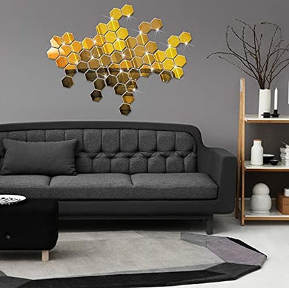 Hexagonal Wall Mirror Stickers - 3D Effect - Gold - Large - Each Hexagon Size 10.5 cm x 12.1 cm - Pack of 2