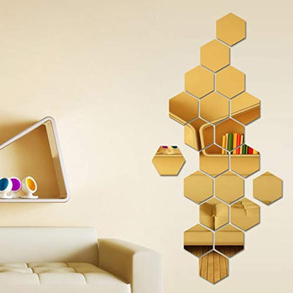 Acrylic Hexagonal Wall Mirror Stickers - Gold Finish - 30 cm - Decorative Wall Art for Living Room, Bedroom, Kitchen