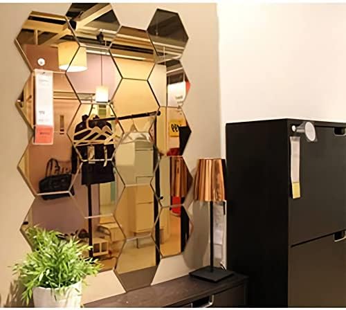 Hexagonal Wall Mirror Stickers - 3D Effect - Gold - Large - Each Hexagon Size 10.5 cm x 12.1 cm - Pack of 2