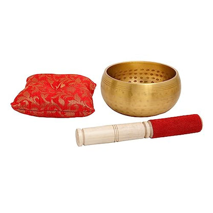 Singing Bowl with Cushion and Stick - Hammered Bell Metal - 4.75 Inch Diameter - Golden Finish