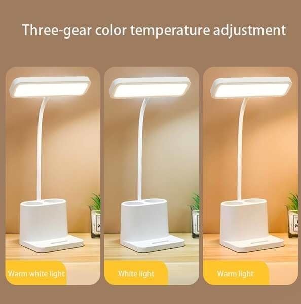 LED Desk Lamp with Touch Sensor & Pen Holder - Adjustable Neck, 3 Color Modes, USB Rechargeable