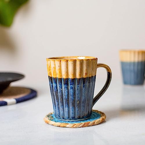 Coffee Mug Handmade Pottery Dark Blue & Mustard Glaze 300 ml 10 Oz