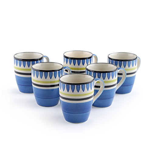 Coffee Mug Set of 6 - Handpainted Blue Ceramic - 8cm Diameter, 10cm Height