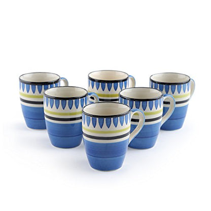 Coffee Mug Set of 6 - Handpainted Blue Ceramic - 8cm Diameter, 10cm Height