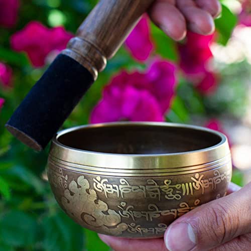 Tibetan Singing Bowl Set - Om Design - Gold & Yellow - 4 Inches - Handmade from Seven Auspicious Metals