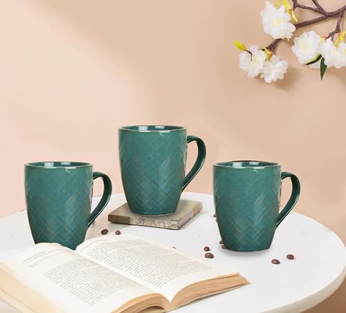 Ceramic Coffee Mug Set of 4 - 320ml Blue Textured Microwave Safe