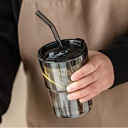 Glass Coffee Mug with Leather Sleeve and Silicone Straw, 435ml Capacity