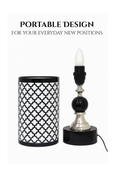 Table Lamp with Geometric Quatrefoil Pattern Shade, Black and White, Metal Base, 30cm Height