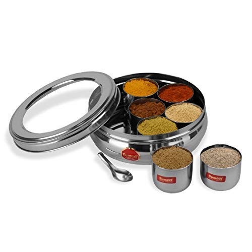 Sumeet Stainless Steel Belly Shape Masala (Spice) Box/Dabba/Organiser With See Through Lid With 7 Containers And Small Spoon (Small), Beige