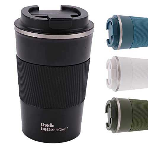 Insulated Coffee Mug with Lid & Sleeve - Double Wall Stainless Steel - 380ml - Black