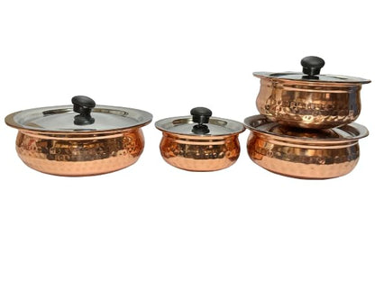 Dynore Stainless Steel Copper Plated Hammered Finish Handi Set with SS lid- Set of 4
