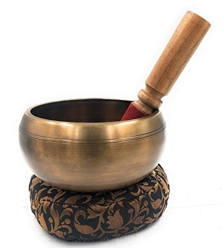 Singing Bowl Antique Gold Brass Traditional Tibetan 6 Inches with Cushion and Mallet