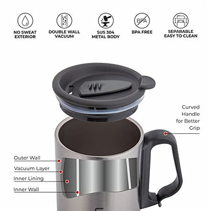 Coffee Mug Double Wall Insulated Stainless Steel Silver 350 ml with Handle and Lid