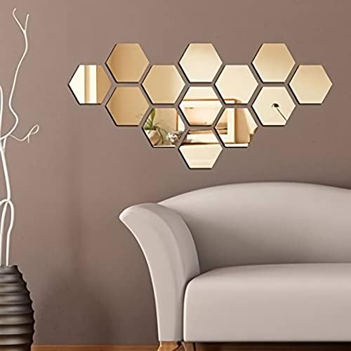 Hexagonal Wall Mirror Stickers - 3D Effect - Gold - Large - Each Hexagon Size 10.5 cm x 12.1 cm - Pack of 2
