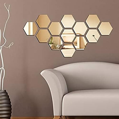 Hexagonal Wall Mirror Stickers - 3D Effect - Gold - Large - Each Hexagon Size 10.5 cm x 12.1 cm - Pack of 2