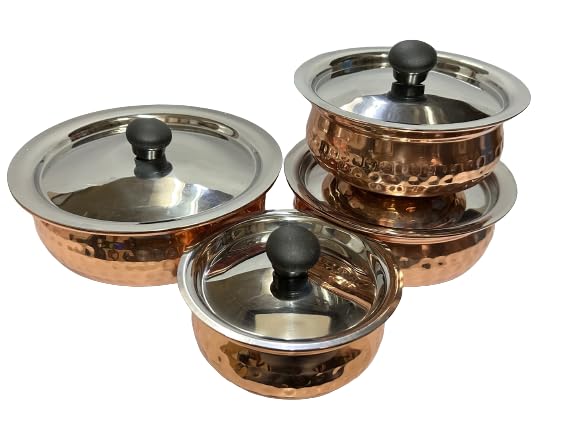 Dynore Stainless Steel Copper Plated Hammered Finish Handi Set with SS lid- Set of 4