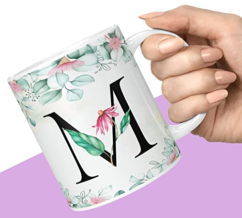 Coffee Mug Floral Alphabet Letter M Design Ceramic 350ml