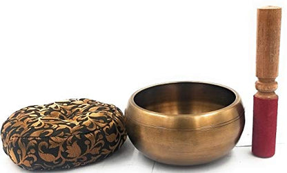 Singing Bowl Antique Gold Brass Traditional Tibetan 6 Inches with Cushion and Mallet