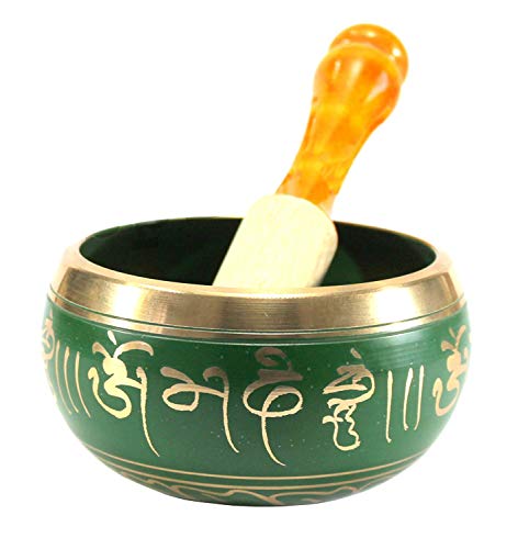 Singing Bowl 4 Inch Diameter Green Metal Alloy with Striker Stick - Tibetan Buddhist Meditation Instrument