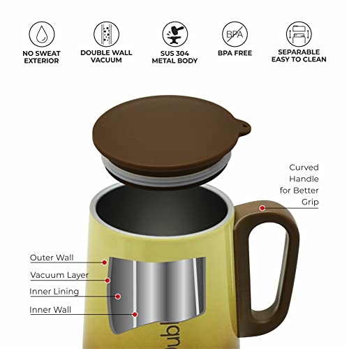 Coffee Mug Double Wall Insulated 304 Stainless Steel Brown 270 ML with Handle and Lid